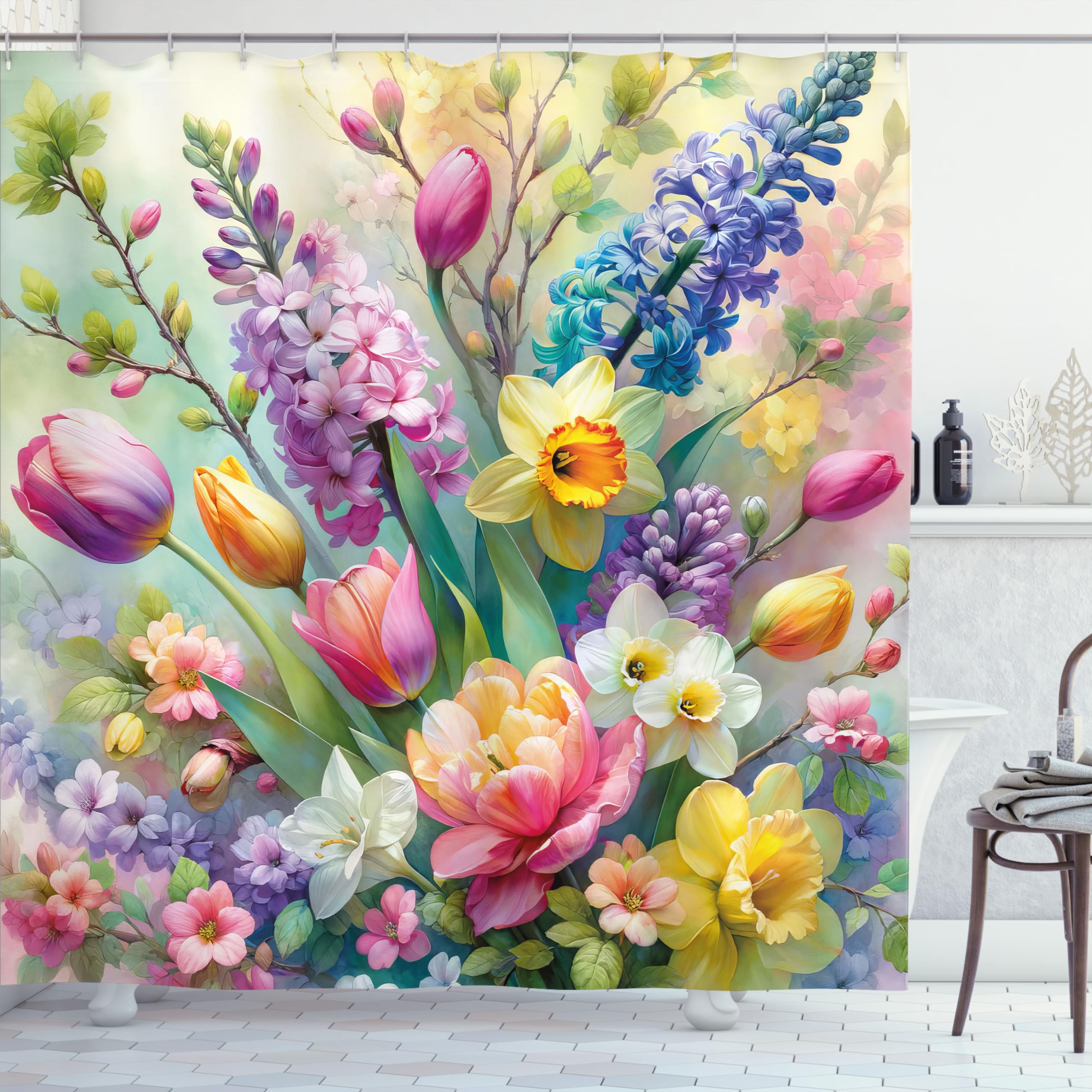 Ambesonne Spring Shower Curtain, Colorful Dreamy Scenario Of Blooming Roses Lavender And Peony With Leaves, Cloth Fabric Bathroo